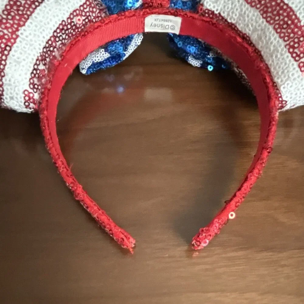 Disney Minnie Mouse USA Sequined Ears Bow Headband Striped Red/White/Blue